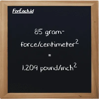 Cara konversi gram-force/centimeter<sup>2</sup> ke pon/inci<sup>2</sup> (gf/cm<sup>2</sup> ke psi): 85 gram-force/centimeter<sup>2</sup> (gf/cm<sup>2</sup>) setara dengan 85 dikalikan dengan 0.014223 pon/inci<sup>2</sup> (psi)